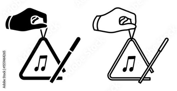 Obraz Line icon. Musician hand holds musical instrument triangle. Triangular musical instrument vibrating at different frequencies. Simple black and white vector isolated on white background