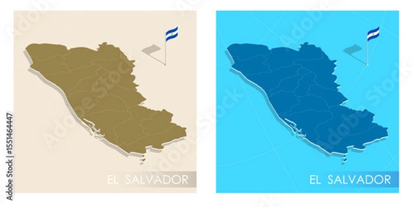 Obraz Salvador country flag installed on geographic positioning map point of country territory. Salvador commonwealth banner on land and sea. Festive patriotic HD format template for independence day