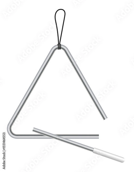 Obraz Triangular musical instrument vibrating at different frequencies from the blow of a short metal stick. Realistic vector isolated on white background
