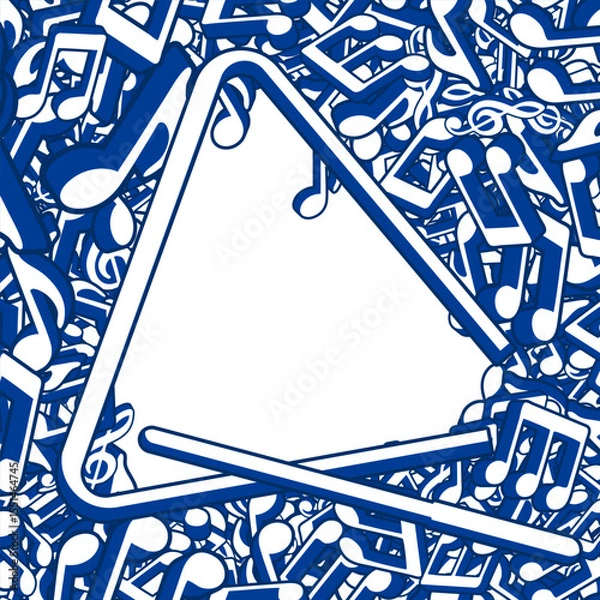 Obraz Notes and triangular musical instrument vibrating at different frequencies from blow of short metal stick piled up in big heap. Vector banner for advertising of orchestra, ensemble concert