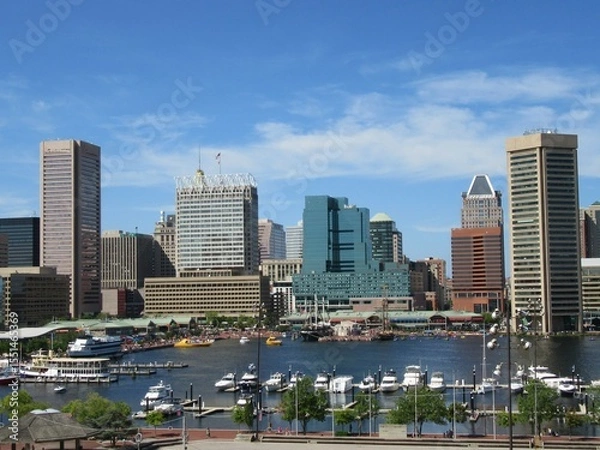 Fototapeta downtown with harbor and clouds 