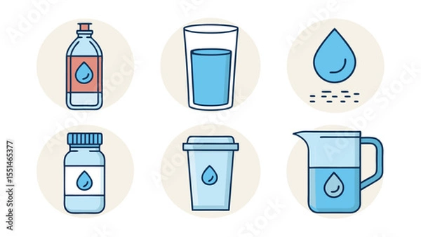 Fototapeta set of blue water bottles Flat Icon Set of Hydration and Drinking Water Elements on White Background Includes Water Bottle, Glass of Water, Drop Icon, Filter Jug.