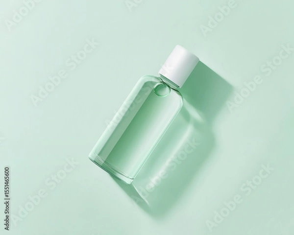 Obraz Glass cosmetic bottle with white cap lies on pastel green background. Horizontal mockup of clear serum, tonic or nail polish remover. Minimalistic image with caustics and negative space
