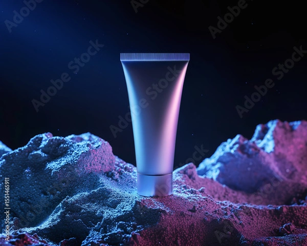 Obraz Metallized cream tube stands on lunar surface with side neon pink light. Horizontal mockup of cosmetics with natural minerals. Matte plastic packaging on dark blue background, sci-fi theme