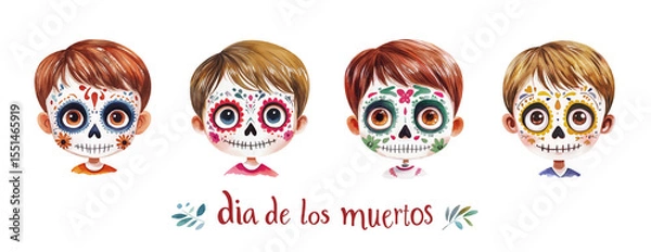 Obraz Day of the Dead boy, portrait set. Collection of watercolor illustration of children's face with Sugar skull makeup. Isolated clipart with clear even edge on transparent background