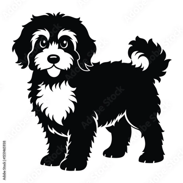 Fototapeta Playful Black and White Puppy with Fluffy Fur a Delightful Cartoon Silhouette Capturing Joy and Innocence