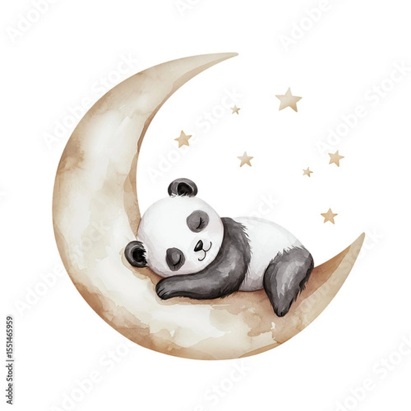 Obraz Little sleeping panda on moon among stars. Cute watercolor illustration of stylized animal with closed eyes and head lying on paws. Isolated clipart with clear even edge on transparent background
