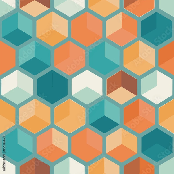Fototapeta Geometric pattern featuring a honeycomb grid with a retro color scheme in orange,teal,brown and white