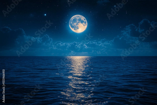 Fototapeta Bright full moon above gentle sea waves, ideal for meditation, mindfulness, and relaxation stock use