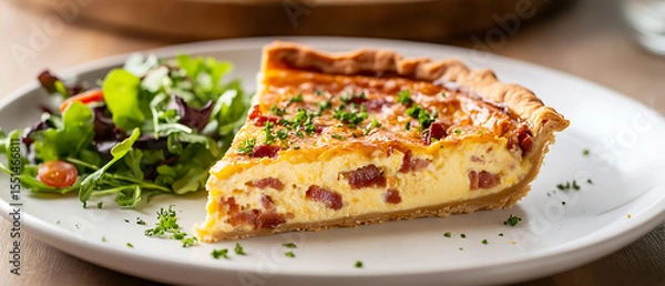 Fototapeta Slice of Quiche Lorraine Served with Fresh Salad on a White Plate