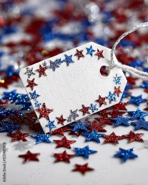 Fototapeta A blank white gift tag surrounded by red and blue glittery stars on a white background. 4th of July sale, Independence day in United States of America celebration