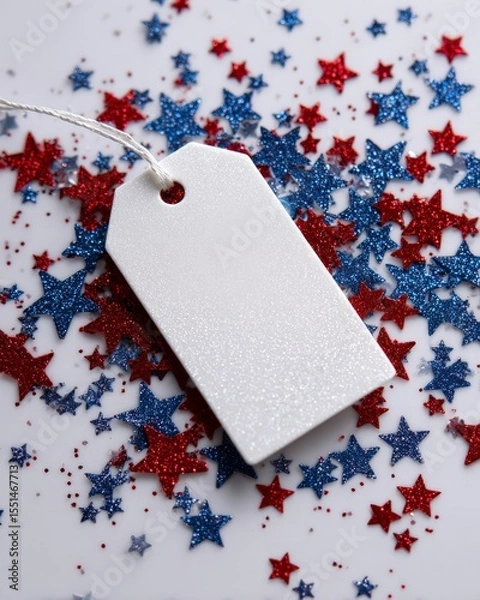 Fototapeta A blank white gift tag surrounded by red and blue glittery stars on a white background. 4th of July sale, Independence day in United States of America celebration
