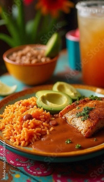 Obraz Delicious Mexican meal with rice, beans, fish, and avocado in a colorful setting
