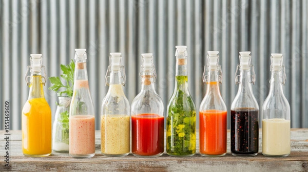 Obraz Variety glass bottles with homemade hot sauces and vinegar on rustic wooden surface