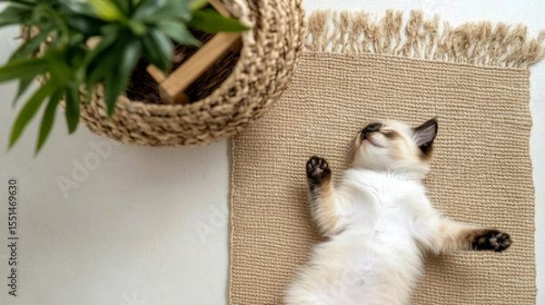 Obraz Kitten sleeping peacefully on textured mat with houseplants in cozy room