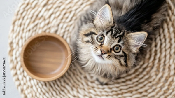 Obraz Cat looking at empty bowl on cozy bed, representing hunger concept