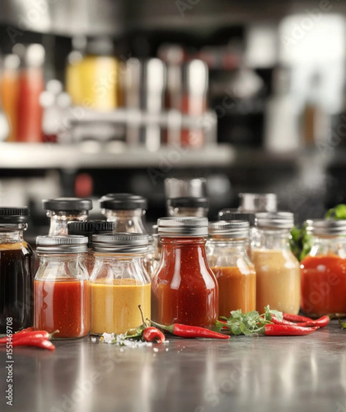 Obraz Variety of glass jars and bottles containing hot pepper chilli sauces, background