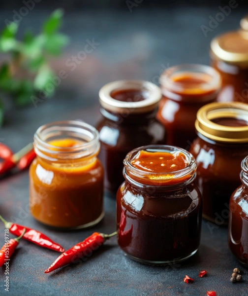 Obraz Variety of glass jars with hot pepper sauces, ideal for culinary-themed background