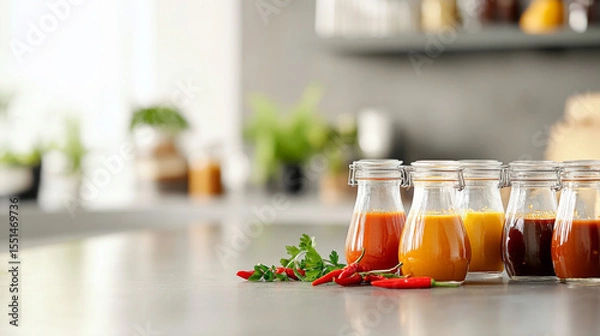 Obraz Variety of glass jars and bottles with hot pepper and chilli sauces in kitchen