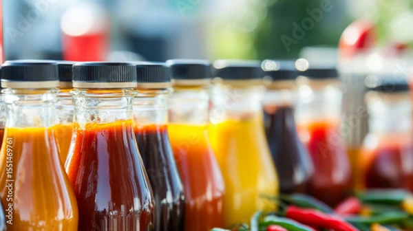 Obraz Variety of glass bottles with hot pepper sauces on display, suitable for food background