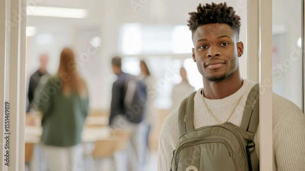 Obraz Young african american man entering classroom with students in background