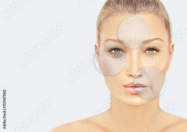 Obraz Signs of skin aging,signs of premature aging, Wrinkles and fine lines,Age spots,Sagging skin,Dehydrated skin,eyelid area