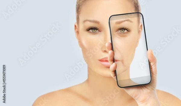 Obraz Signs of skin aging,signs of premature aging, Wrinkles and fine lines,Age spots,Sagging skin,Dehydrated skin,eyelid area