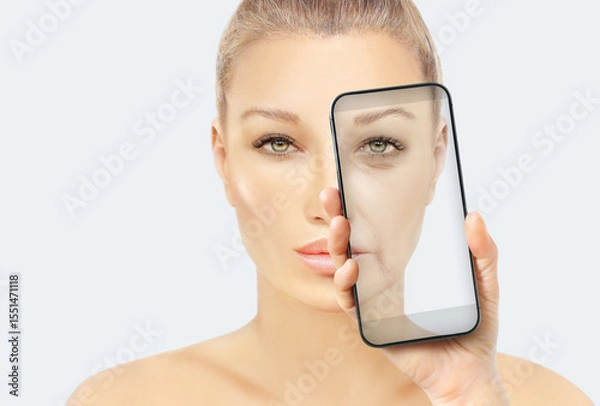 Obraz Signs of skin aging,signs of premature aging, Wrinkles and fine lines,Age spots,Sagging skin,Dehydrated skin,eyelid area
