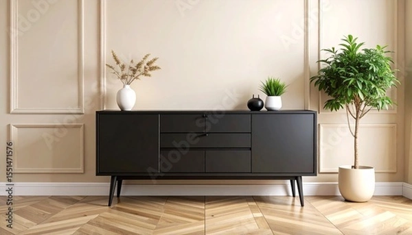 Obraz Low-profile black sideboard in matte finish with slim metal legs, set against a cream-toned wall and textured flooring. 