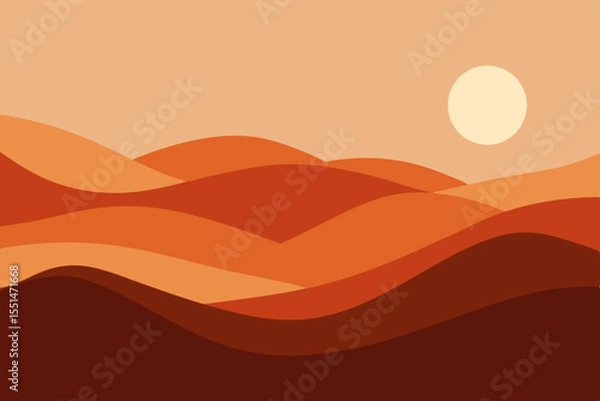 Fototapeta Stylized abstract landscape with rolling hills and a setting sun in warm colors