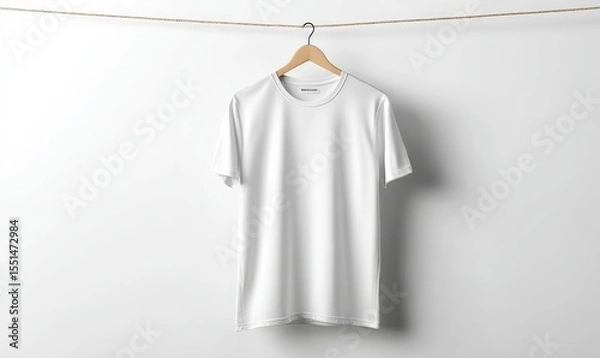 Fototapeta A plain, white T-shirt hangs on a hanger against a white background.