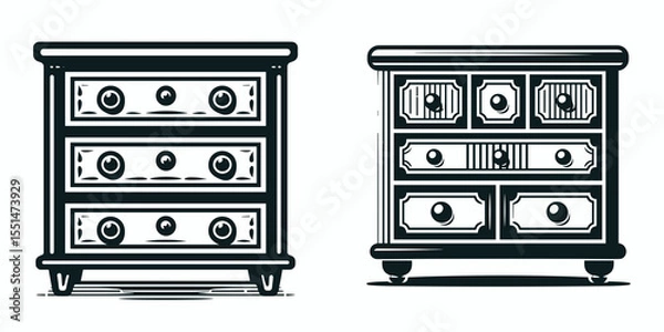 Obraz Chest of Drawers. Furniture Interior Decoration Cartoon Animal Clipart Line Art Vector Illustration. Storage unit with multiple drawers a tall cabinet for clothes and home goods.