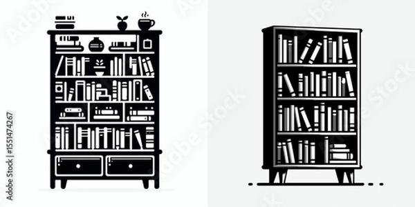 Obraz Bookshelf. Furniture Interior Decoration Cartoon Animal Clipart Line Art Vector Illustration. Display unit for reading material a home fixture paper item storage.