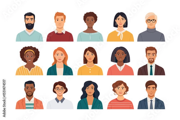 Fototapeta Diverse Faces Collection: A vibrant collection of diverse avatars, showcasing a variety of ethnicities, genders, and ages. Perfect for inclusivity and diversity representation.