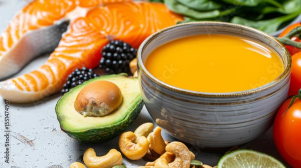 Obraz Keto diet bone broth with avocado, lime, tomatoes, and cashews, concept for healthy eating
