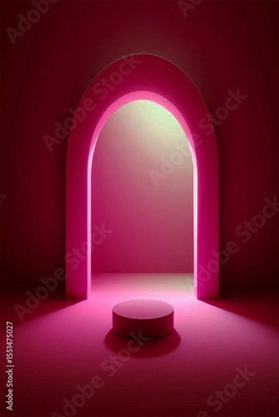 Fototapeta Pink Minimalist Archway Product Display:  Modern, Elegant, and Moody Studio Backdrop with Cylindrical Pedestal.
