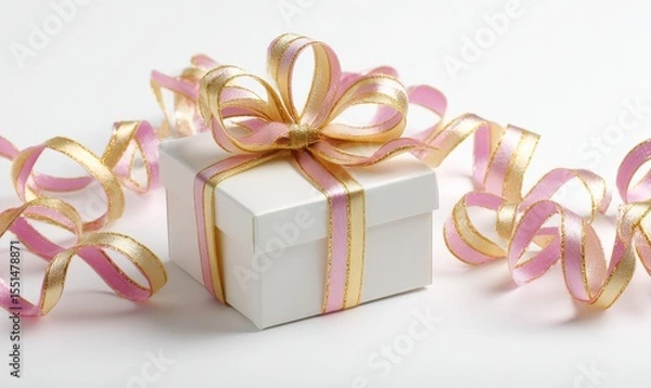 Fototapeta White gift box with a pink and gold ribbon tied in a bow on a light background.