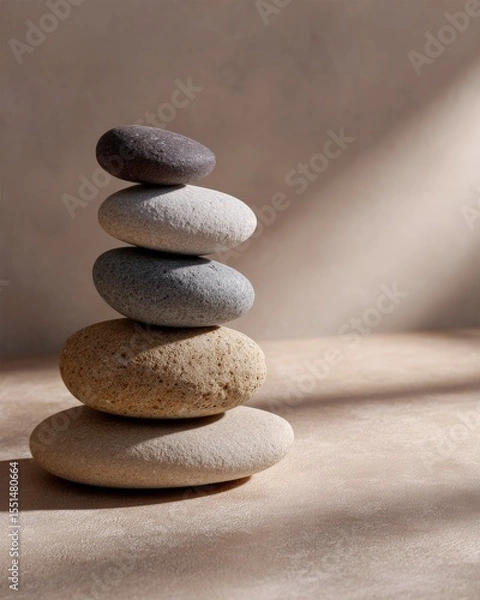 Fototapeta A stack of five smooth stones balancing on top of one another, with sunlight casting shadows on the background.