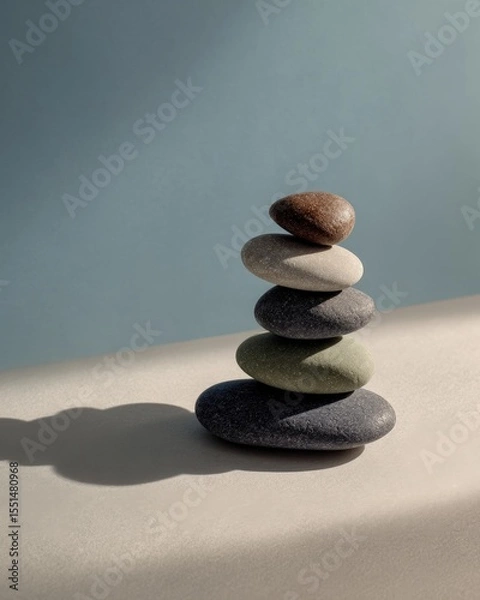 Fototapeta A stack of five smooth stones balancing on top of one another, with sunlight casting shadows on the background.