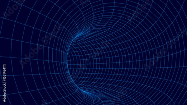 Fototapeta Abstract wireframe tunnel. Light science wormhole. Vector 3D portal grid. Futuristic fantasy funnel.