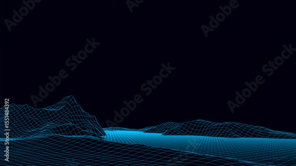 Obraz Vector mountain wireframe landscape. Technology polygonal terrain. Futuristic blue background.