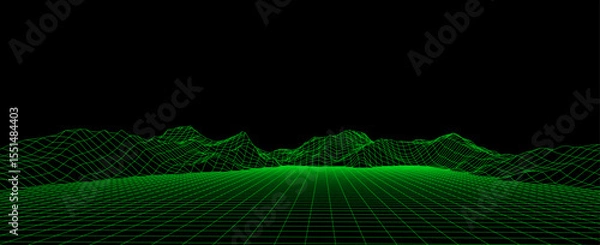 Fototapeta Vector mountain wireframe landscape. Technology polygonal terrain. Futuristic green background.