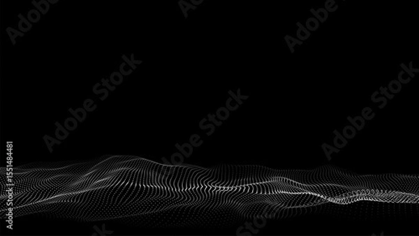 Obraz Futuristic digital wave. Dark cyberspace. Abstract vector wave with dots. White moving particles on a black background.