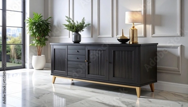 Obraz Sleek black sideboard with ribbed front panels, grounded by subtle stone tiles and set against a soft monochrome backdrop