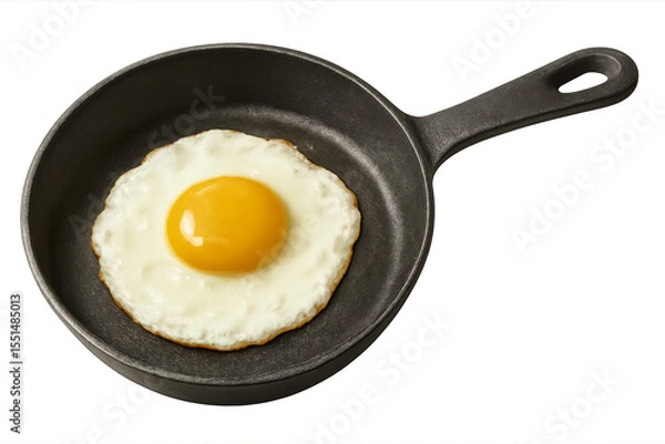 Fototapeta Fried egg sunny side up cooking in cast iron skillet on transparent background