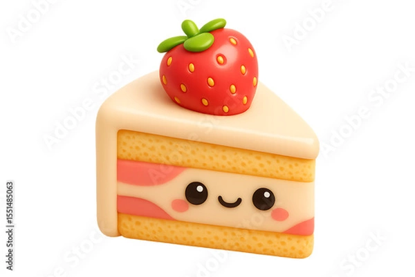 Fototapeta Cute 3D Strawberry Cake Slice with Smiling Face and Icing - Transparent Background