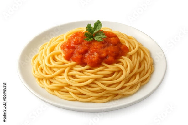 Fototapeta Delicious italian spaghetti with tomato sauce and parsley on transparent background