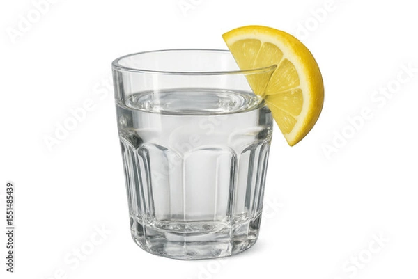 Fototapeta Shot glass of alcoholic beverage with lemon slice on transparent background