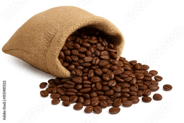 Fototapeta Roasted coffee beans spilling from burlap sack with transparent background