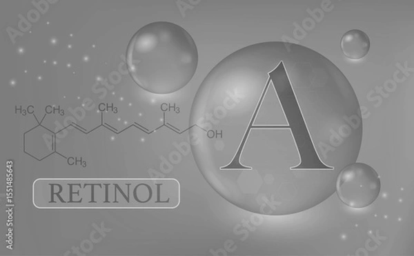 Obraz Vitamin A, retinol, water drops, capsule on a red gradient background. Vitamin complex with chemical formula. Information medical poster.